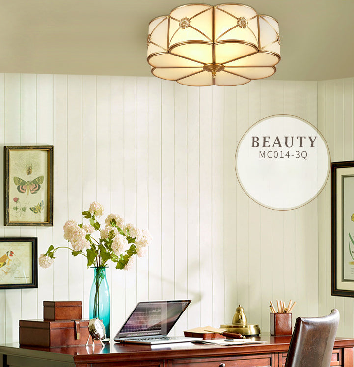 White Frosted Glass Drum Ceiling Light Traditional Rustic Style Brass Lighting Fixture for Bedroom Living Room