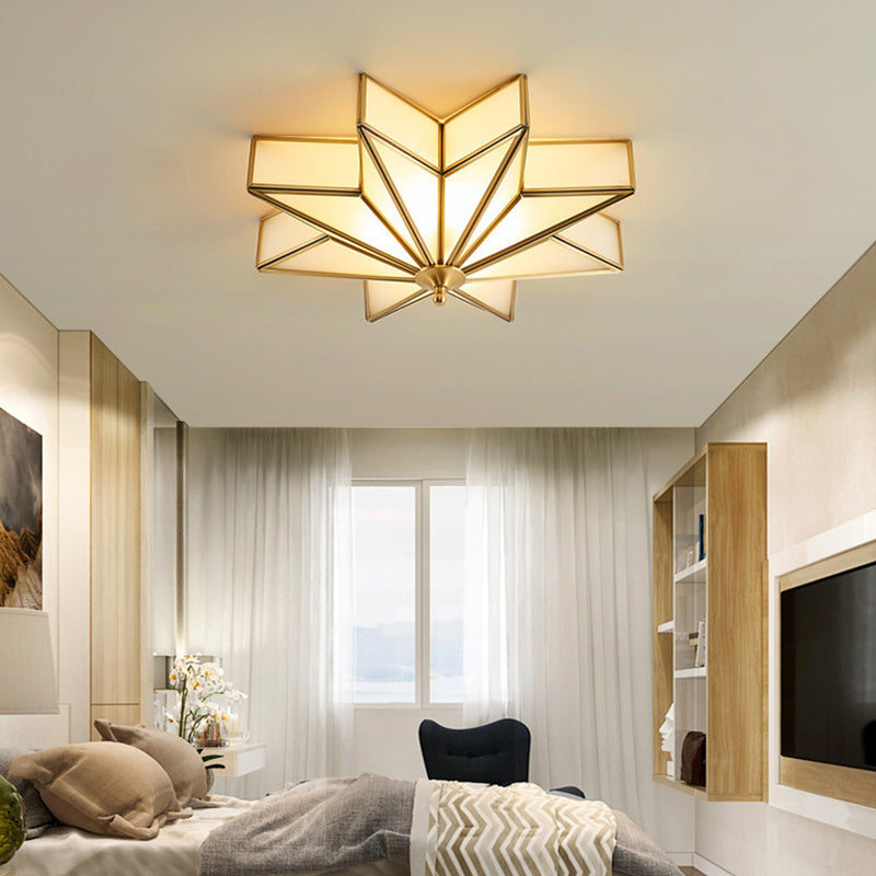 19.7 Inches Wide Octagonal Star Brass Ceiling Light White Glass Shade 4-Lights Traditional Rustic Style Flush Mount Lamp