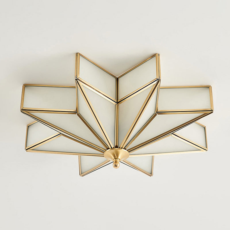 19.7 Inches Wide Octagonal Star Brass Ceiling Light White Glass Shade 4-Lights Traditional Rustic Style Flush Mount Lamp