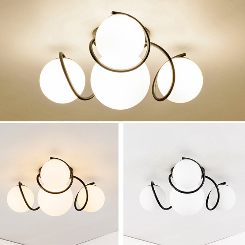 Weißer Glasball -Cluster Deckenleichter zeitgenössischer Einfachheitstil Semi Flush Mount Lampe mit Eisen kreativer Lampe Pfosten