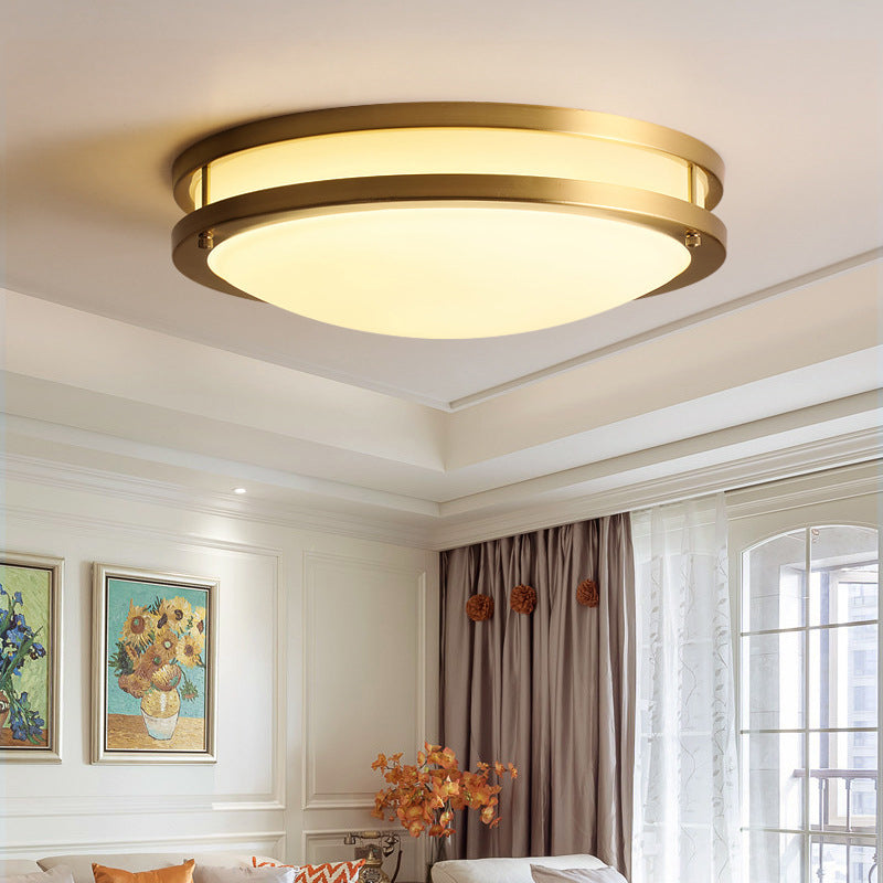 All Copper Round Simplicity LED Ceiling Light White Frosted Glass Shade Traditional Style Lighting Fixture in Gold