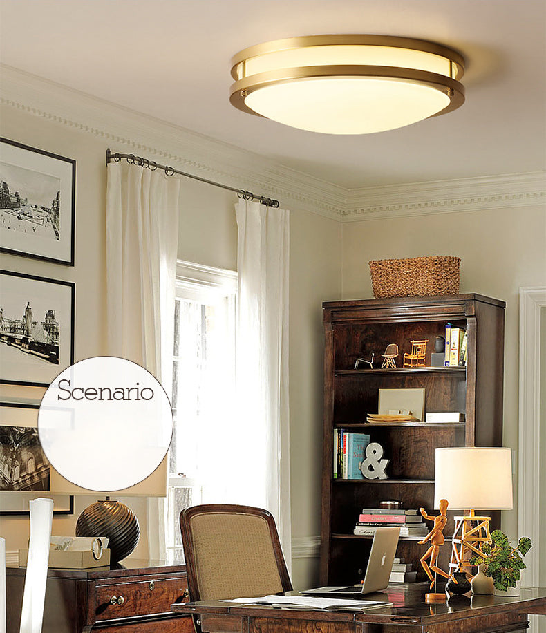 All Copper Round Simplicity LED Ceiling Light White Frosted Glass Shade Traditional Style Lighting Fixture in Gold