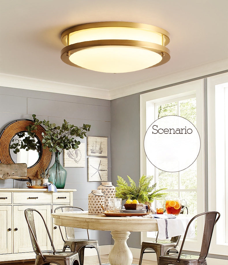 All Copper Round Simplicity LED Ceiling Light White Frosted Glass Shade Traditional Style Lighting Fixture in Gold