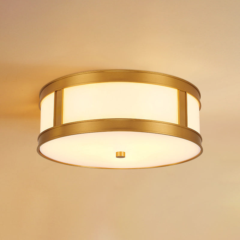 Lámpara de techo de latón en forma de tambor, vidrio esmerilado, lámpara dorada estadounidense