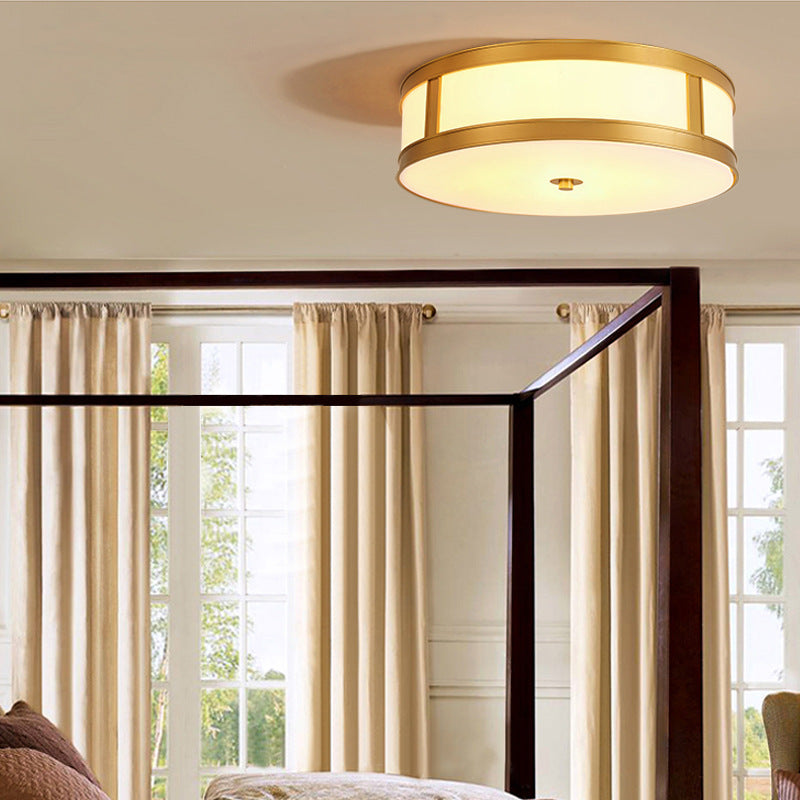 Drum Shaped Brass Ceiling Light Frosted Glass American Rustic Style Lighting Fixture in Gold