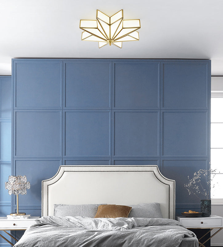 19.7 Inches Wide Octagonal Star Brass Ceiling Light White Glass Shade 4-Lights Traditional Rustic Style Flush Mount Lamp