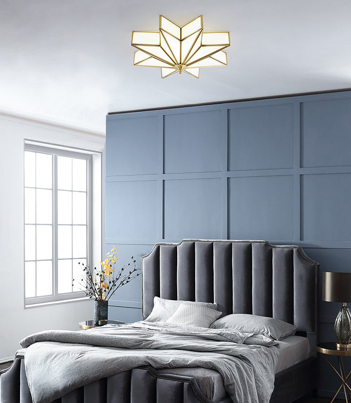 19.7 Inches Wide Octagonal Star Brass Ceiling Light White Glass Shade 4-Lights Traditional Rustic Style Flush Mount Lamp