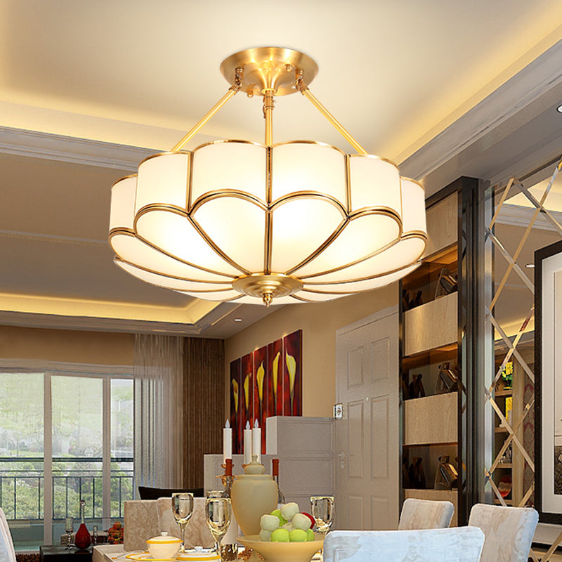 Scalloped Bedroom Semi Flush Light Traditionalism Metal 4/6 Bulbs Brass Ceiling Fixture, 18"/23.5" W