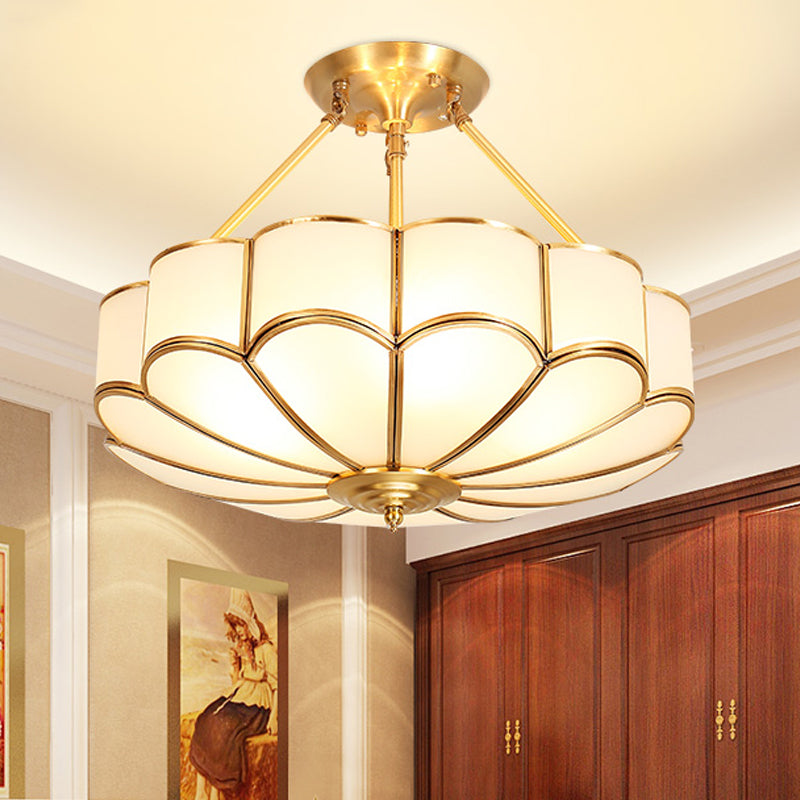 Scalloped Bedroom Semi Flush Light Traditionalism Metal 4/6 Bulbs Brass Ceiling Fixture, 18"/23.5" W