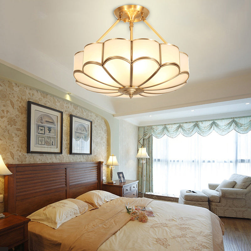 Scalloped Bedroom Semi Flush Light Traditionalism Metal 4/6 Bulbs Brass Ceiling Fixture, 18"/23.5" W