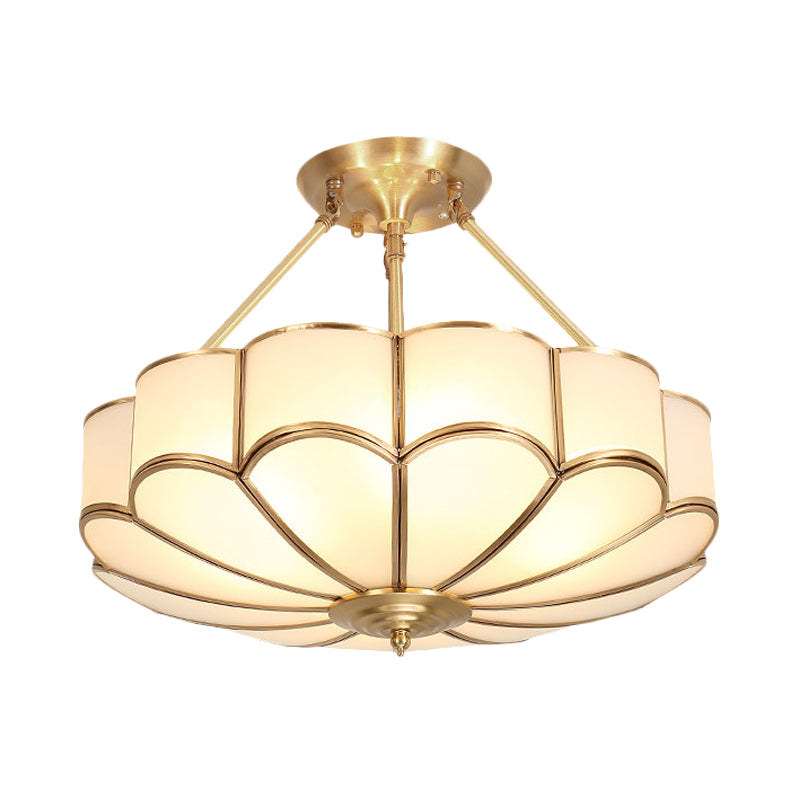 Scalloped Bedroom Semi Flush Light Traditionalism Metal 4/6 Bulbs Brass Ceiling Fixture, 18"/23.5" W