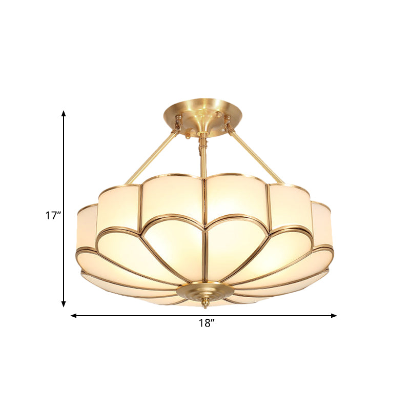 Scalloped Bedroom Semi Flush Light Traditionalism Metal 4/6 Bulbs Brass Ceiling Fixture, 18"/23.5" W