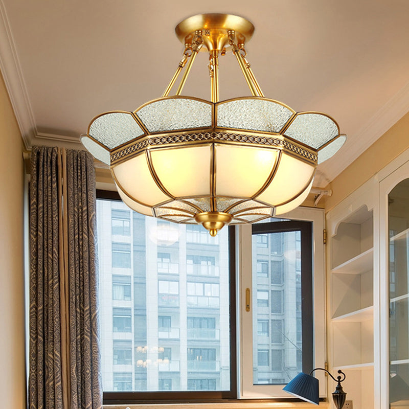 Traditional Scalloped Semi-Flush Light Fixture 4/6 Bulbs Metal Ceiling Mount in Brass for Bedroom, 18"/23.5" W
