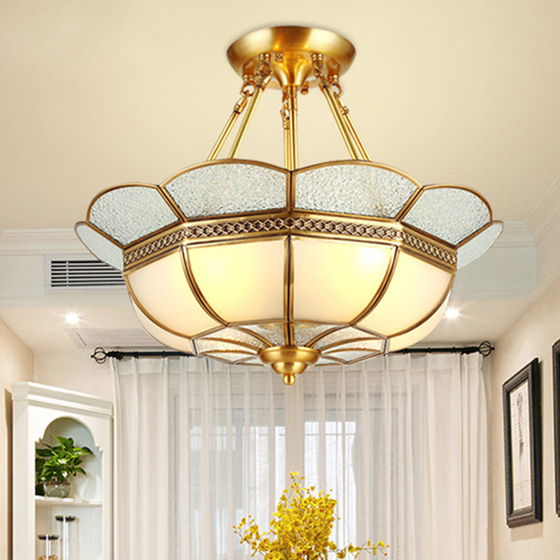 Traditional Scalloped Semi-Flush Light Fixture 4/6 Bulbs Metal Ceiling Mount in Brass for Bedroom, 18"/23.5" W
