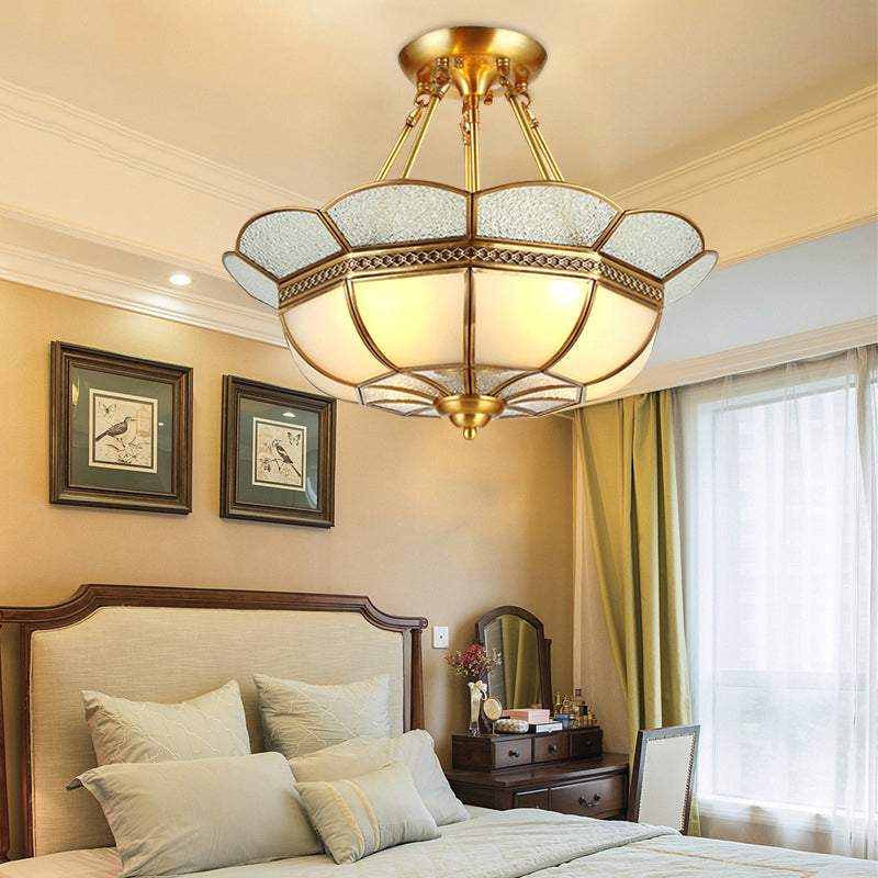 Traditional Scalloped Semi-Flush Light Fixture 4/6 Bulbs Metal Ceiling Mount in Brass for Bedroom, 18"/23.5" W
