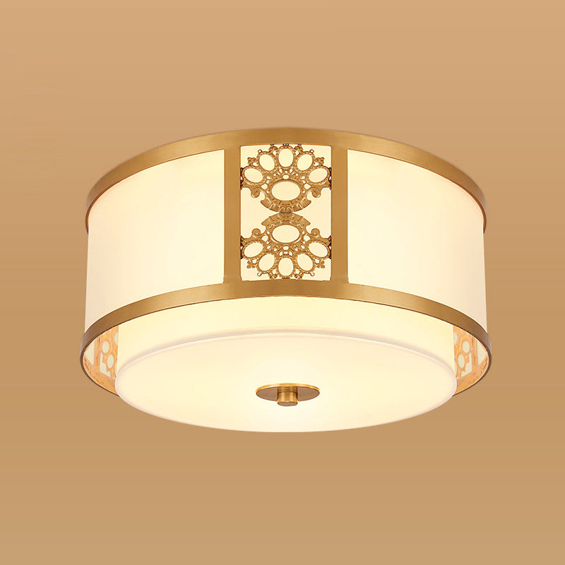 Brass Relief Design American Rustic Ceiling Light Drum Shaped Acrylic Shade Living Room Lighting Fixture