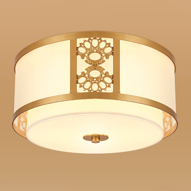 Brass Relief Design American Rustic Ceiling Light Drum Shaped Acrylic Shade Living Room Lighting Fixture