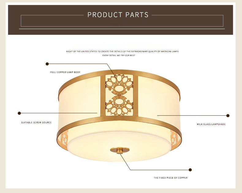 Brass Relief Design American Rustic Ceiling Light Drum Shaped Acrylic Shade Living Room Lighting Fixture