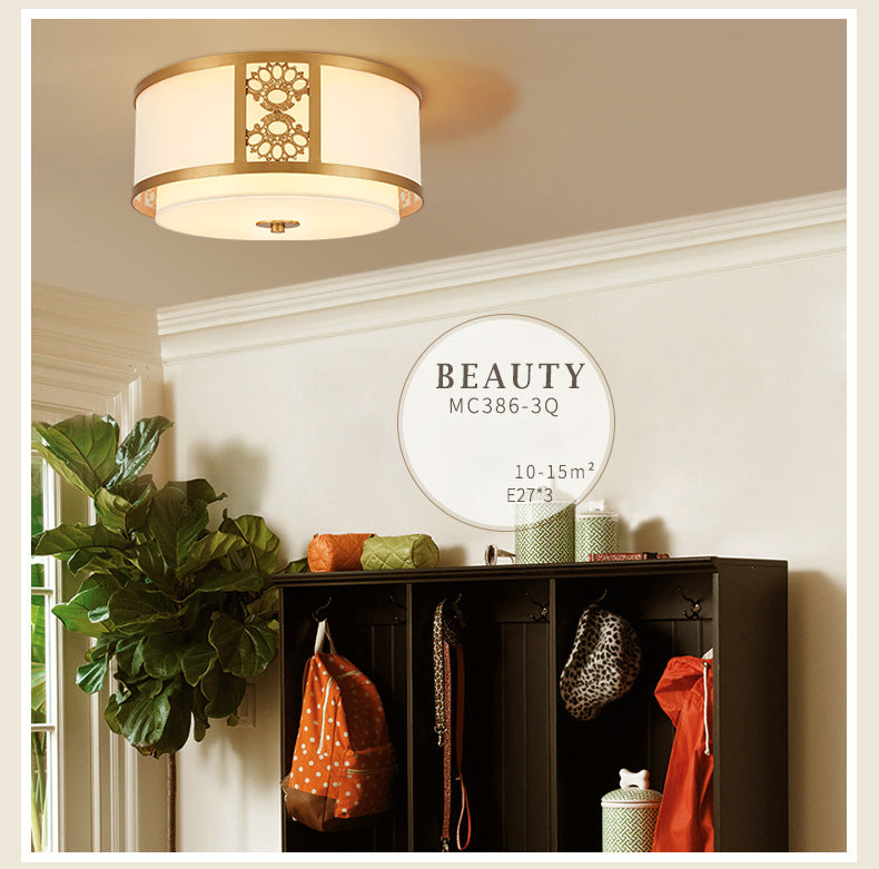 Brass Relief Design American Rustic Ceiling Light Drum Shaped Acrylic Shade Living Room Lighting Fixture