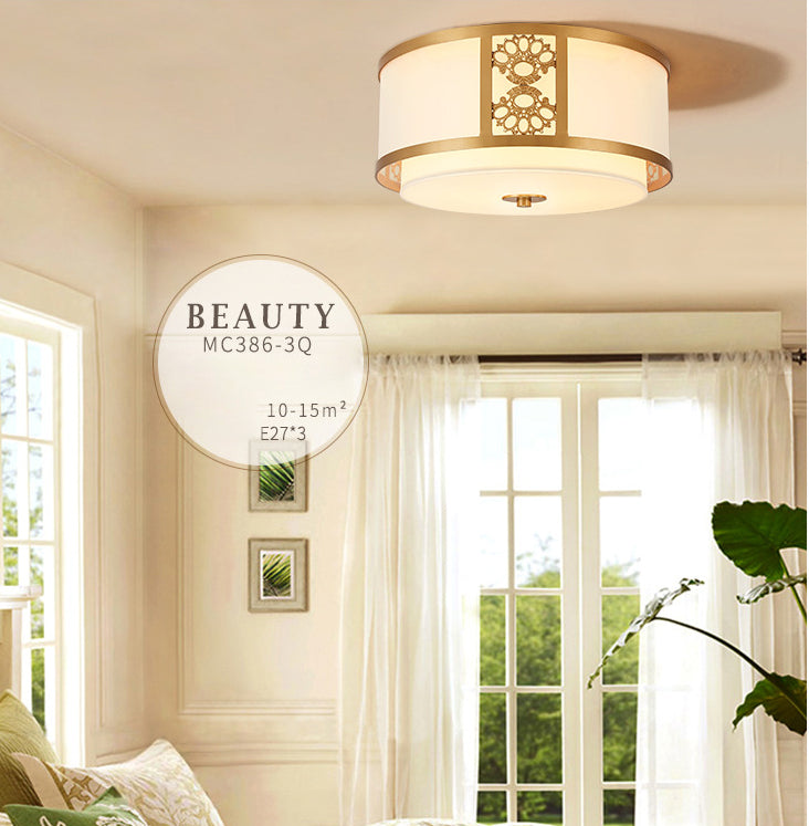 Brass Relief Design American Rustic Ceiling Light Drum Shaped Acrylic Shade Living Room Lighting Fixture