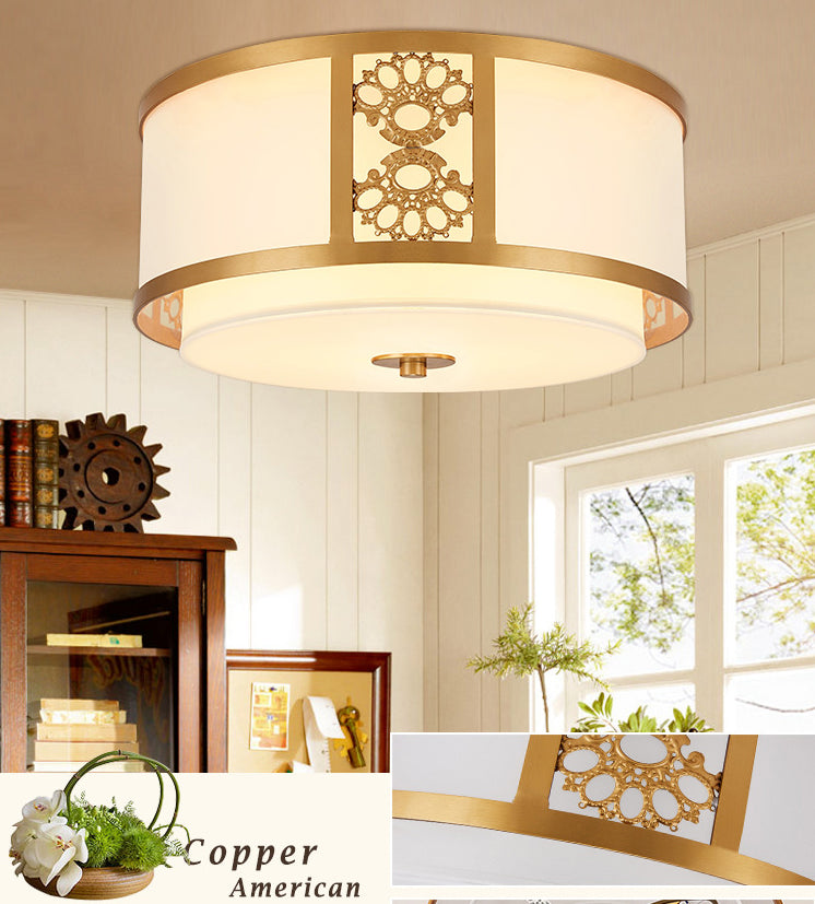 Brass Relief Design American Rustic Ceiling Light Drum Shaped Acrylic Shade Living Room Lighting Fixture