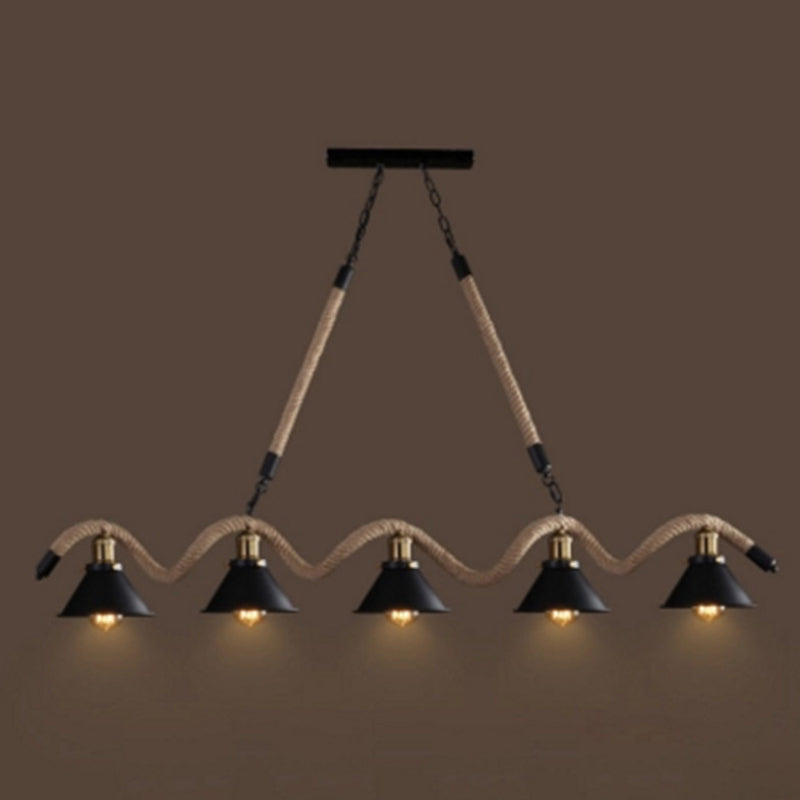 Rope Black Island Pendant Light Cone Antique Island Chandelier Light for Restaurant