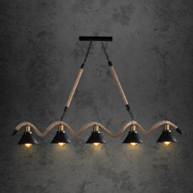 Rope Black Island Pendant Light Cone Antique Island Chandelier Light for Restaurant