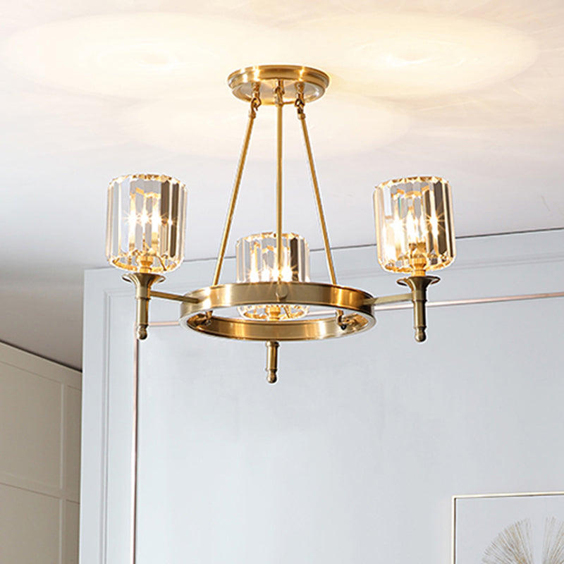 Faceted Crystal Cylinder Chandelier Lighting Modernist 3/5/6 Bulbs Ceiling Pendant Light in Brass