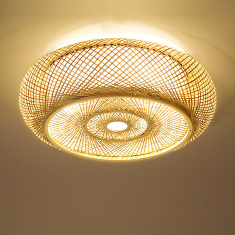 Lámpara de techo de montaje empotrado con forma de tambor redondo chino, iluminación de montaje empotrado de bambú Beige para dormitorio