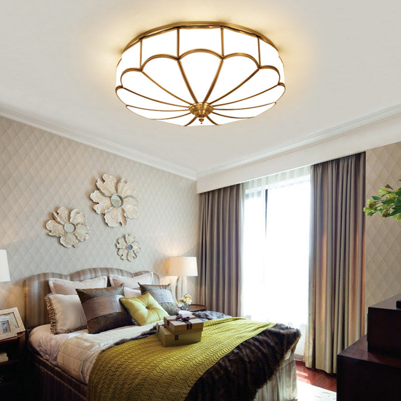 Flush Mount Ceiling Fixture Traditional Bedroom Flush Ceiling Light Fixture with Flower Glass Shade in Brass
