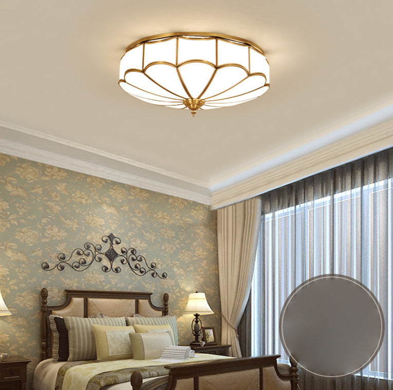 Flush Mount Ceiling Fixture Traditional Bedroom Flush Ceiling Light Fixture with Flower Glass Shade in Brass