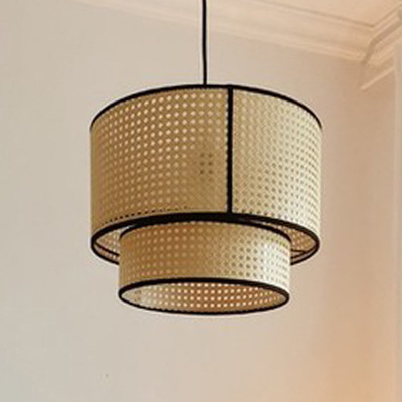 Beige Hand-Worked Pendant Chinese Style 1 Bulb Bamboo Cylindrical Hanging Light for Dining Table