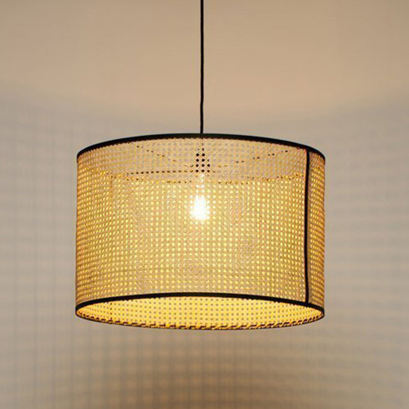 Beige Hand-Worked Pendant Chinese Style 1 Bulb Bamboo Cylindrical Hanging Light for Dining Table