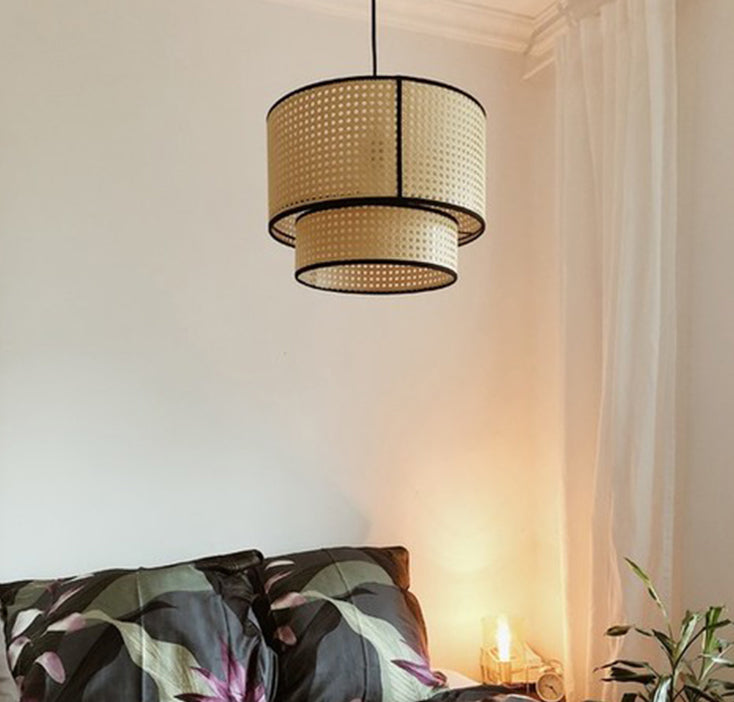 Beige Hand-Worked Pendant Chinese Style 1 Bulb Bamboo Cylindrical Hanging Light for Dining Table