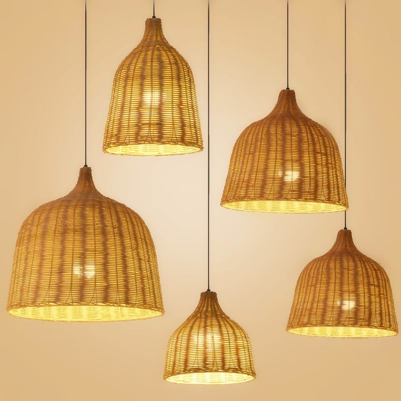 Chinese Basket Pendant Lighting Fixtures Rattan Hanging Light with Hanging Cord for Restaurant