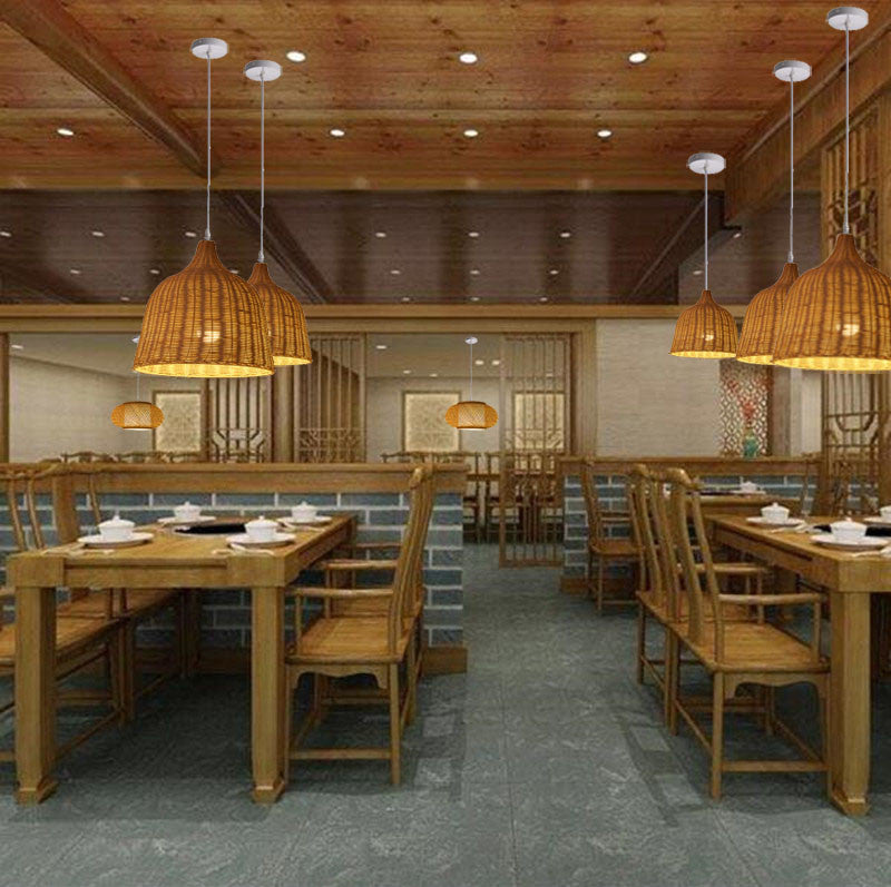 Chinese Basket Pendant Lighting Fixtures Rattan Hanging Light with Hanging Cord for Restaurant