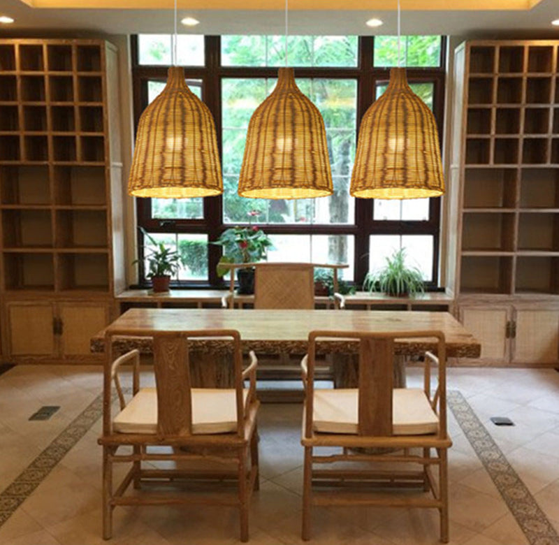 Chinese Basket Pendant Lighting Fixtures Rattan Hanging Light with Hanging Cord for Restaurant