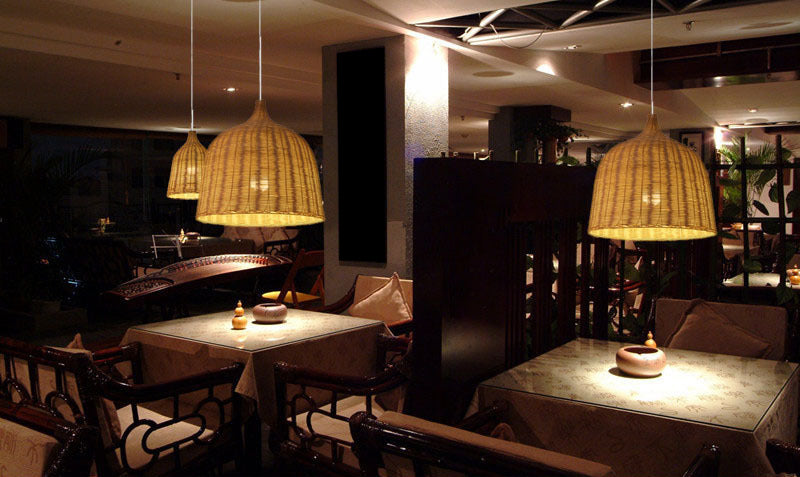 Chinese Basket Pendant Lighting Fixtures Rattan Hanging Light with Hanging Cord for Restaurant