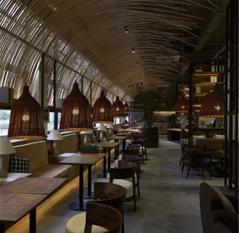 Chinese Basket Pendant Lighting Fixtures Rattan Hanging Light with Hanging Cord for Restaurant