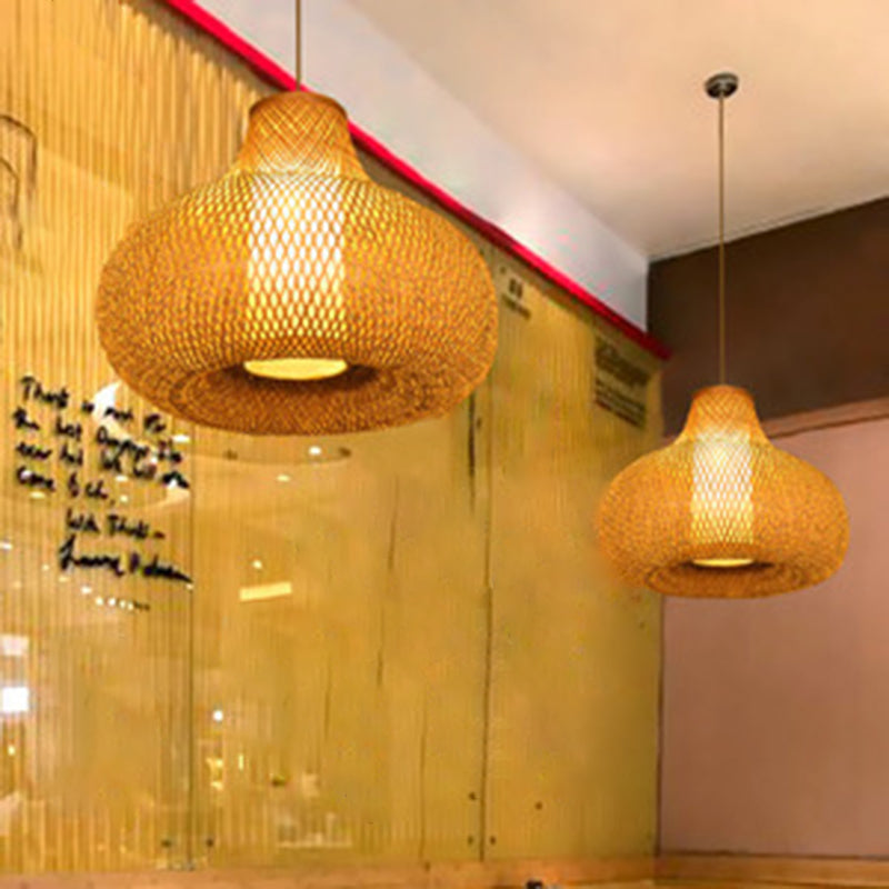 Chinese Pear-Shaped Pendant Lighting Fixtures Rattan Hanging Light with Hanging Cord for Restaurant
