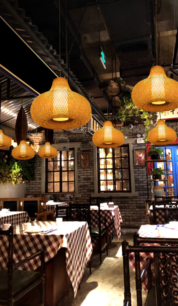 Chinese Pear-Shaped Pendant Lighting Fixtures Rattan Hanging Light with Hanging Cord for Restaurant