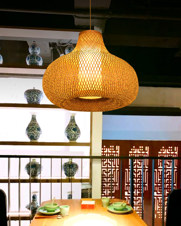 Chinese Pear-Shaped Pendant Lighting Fixtures Rattan Hanging Light with Hanging Cord for Restaurant