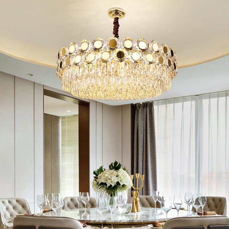 Drum Faceted Crystal Hanging Chandelier Contemporary 9 Heads Brass Ceiling Pendant Light