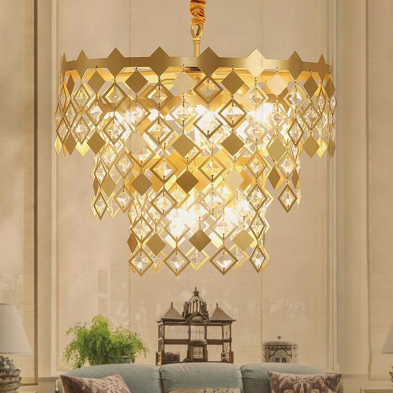 3 Tiers Dining Room Chandelier Light K9 Crystal 6 Heads Postmodern Pendant Light Fixture in Gold