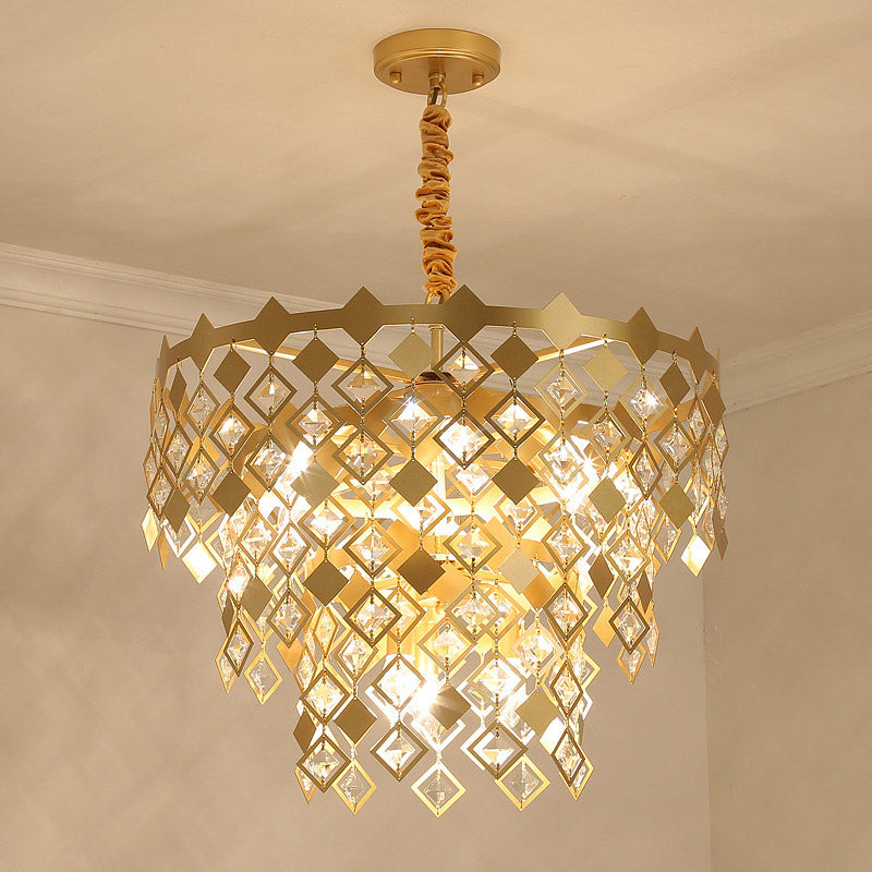 3 Tiers Dining Room Chandelier Light K9 Crystal 6 Heads Postmodern Pendant Light Fixture in Gold