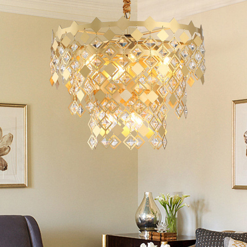 3 Tiers Dining Room Chandelier Light K9 Crystal 6 Heads Postmodern Pendant Light Fixture in Gold