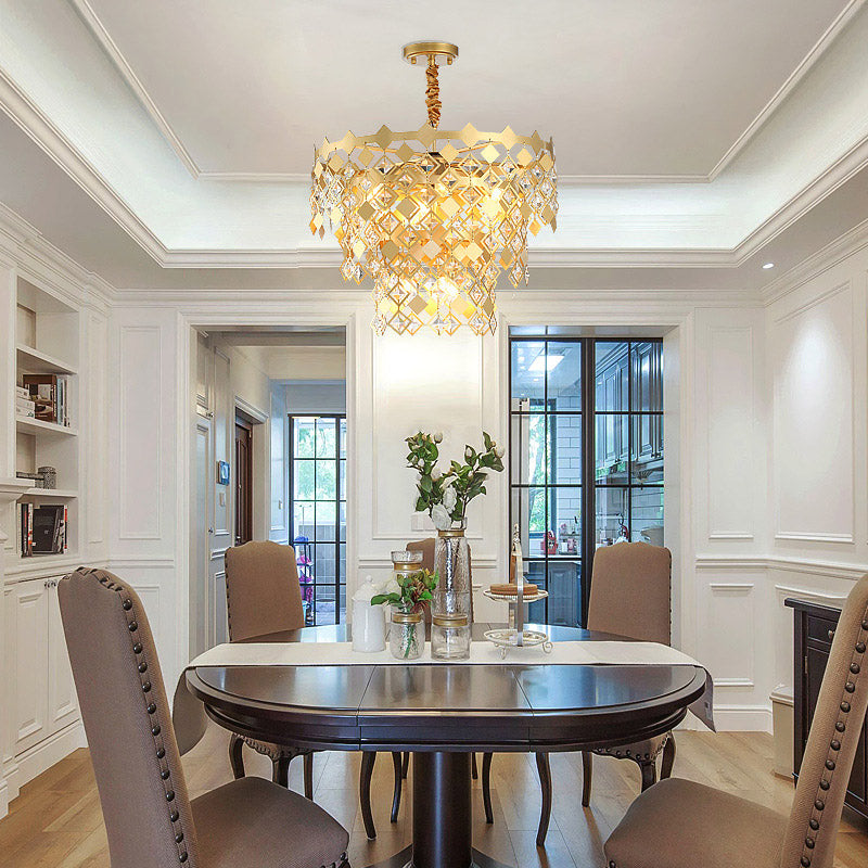 3 Tiers Dining Room Chandelier Light K9 Crystal 6 Heads Postmodern Pendant Light Fixture in Gold