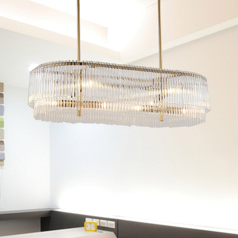 Brass Oval Island Lamp Postmodern 12 Lights Crystal Rod Hanging Ceiling Light for Dining Room