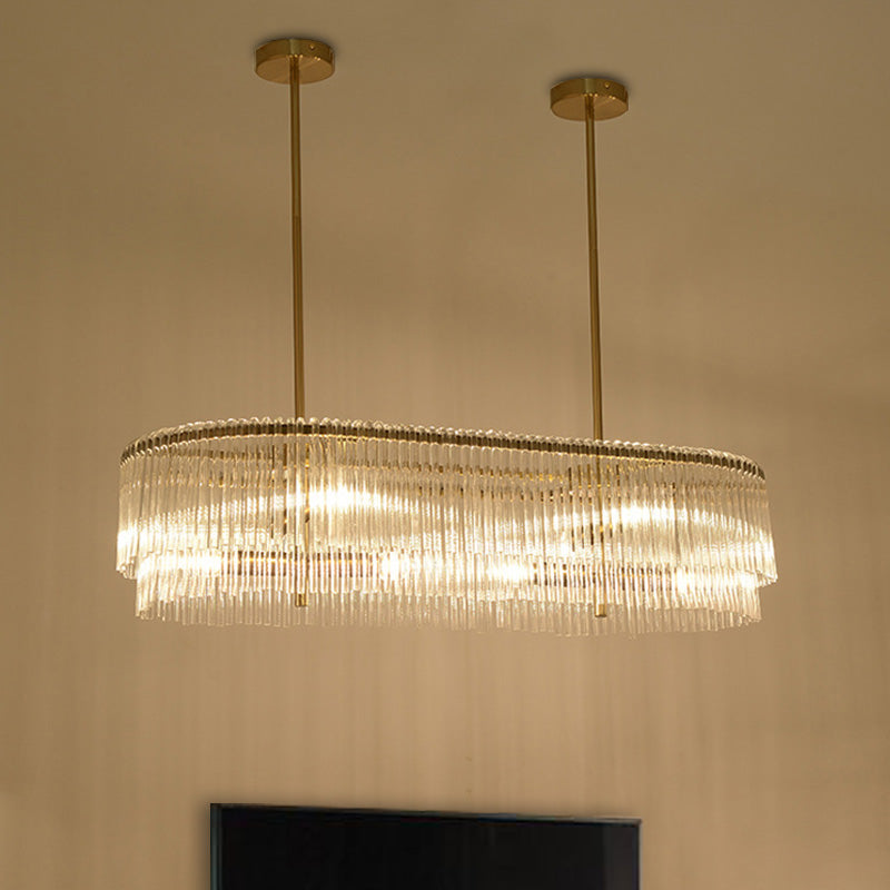 Brass Oval Island Lamp Postmodern 12 Lights Crystal Rod Hanging Ceiling Light for Dining Room