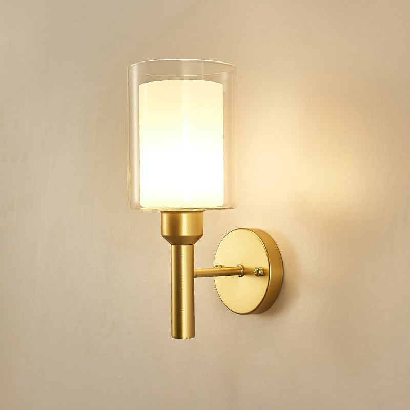 Metallic Single Bulb Wall Light, Golden Finish with Cylinder Shaped Glass Shade